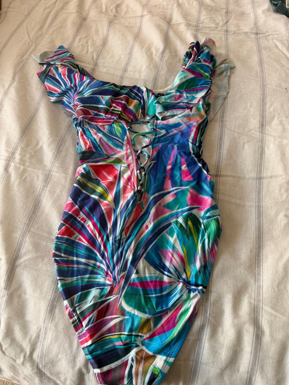 La Blanca Multicolor Tropical Lace-Up Ruffle One-Piece - Teal, Blue, Pink